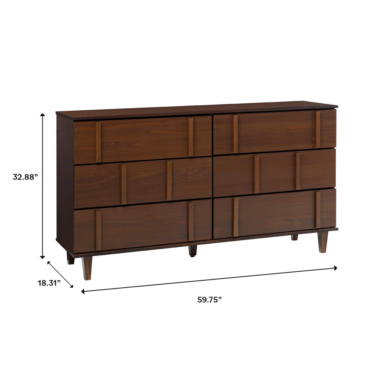 Contemporary Detailed 6-Drawer Solid Wood Dresser, 60 Inch, Walnut