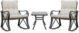 3 Piece Bistro Set Patio Rocking Chairs Outdoor Furniture w Warm Gray Cushions