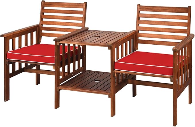 Wood Loveseat, 3pcs Outdoor Table Chairs Set, Patio Conversation Set w/Coffee Table
