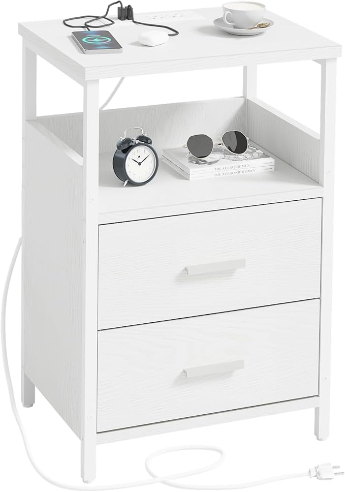 LED Nightstand with Charging Station, Side Table with USB Ports and Outlets