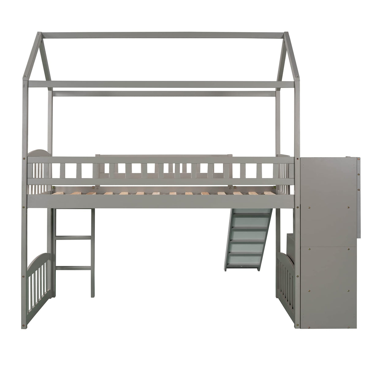 Twin Loft Bed with Stairs and Slide, Wooden House Loft Bed Twin Size