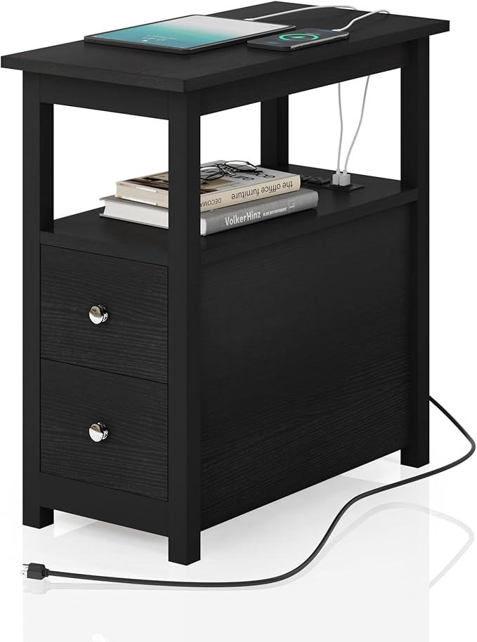 End Table with Charging Station, Side Table with 2 Drawer & USB Ports & Power Outlets