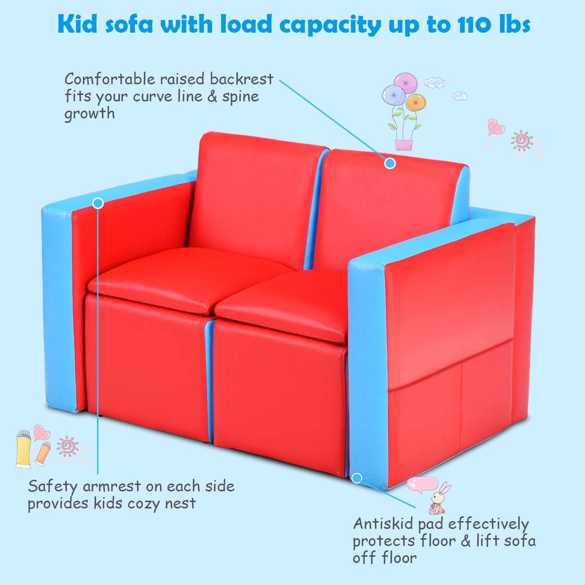 2 in 1 Double Seat Children's Sofa Convert to Table and Two Chairs for School, Storage