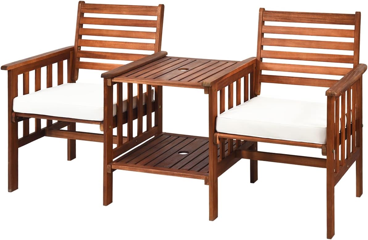 Wood Loveseat, 3pcs Outdoor Table Chairs Set, Patio Conversation Set w/Coffee Table