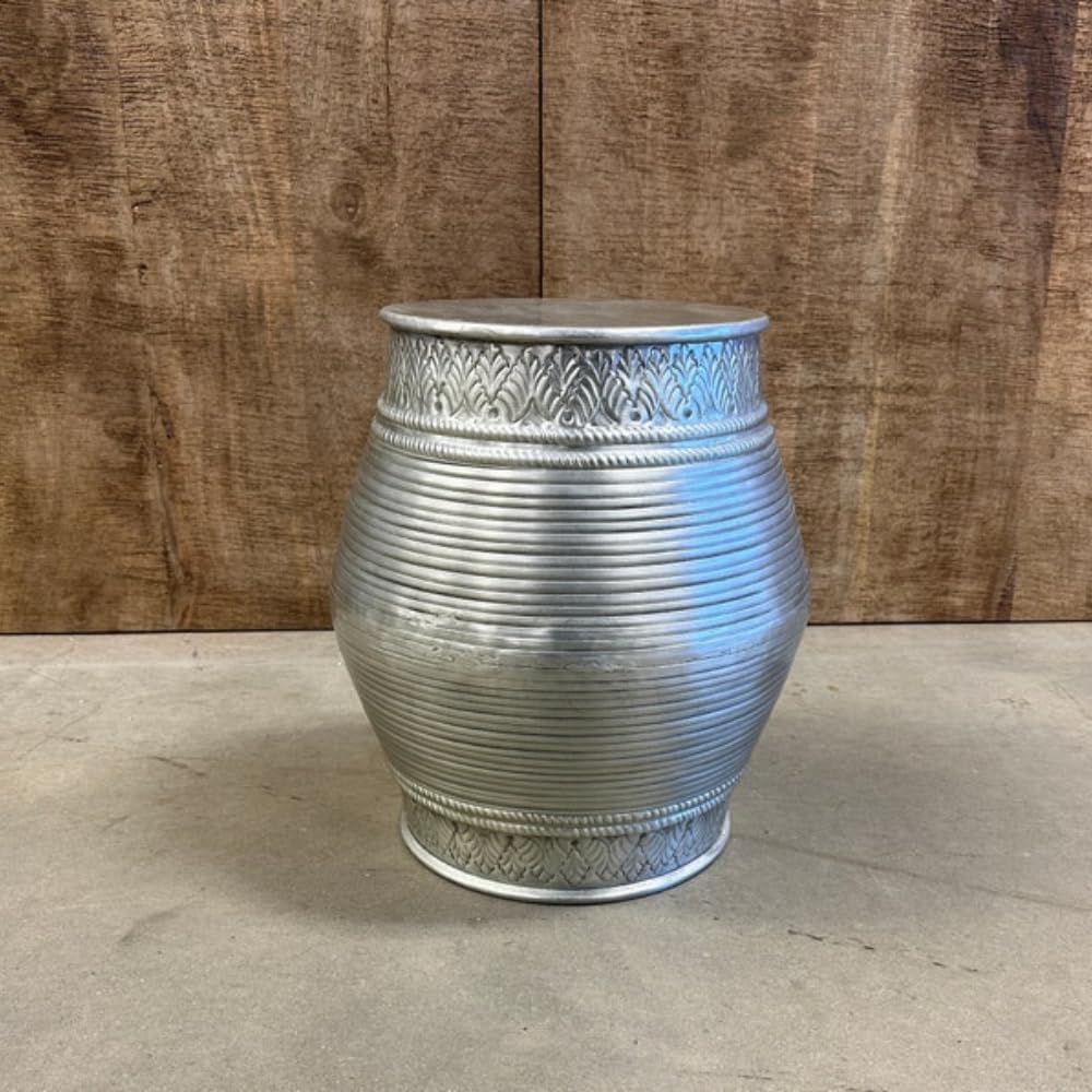Metal Round End Table, Embossed Aluminum Drum Side Table, Silver Coffee Table
