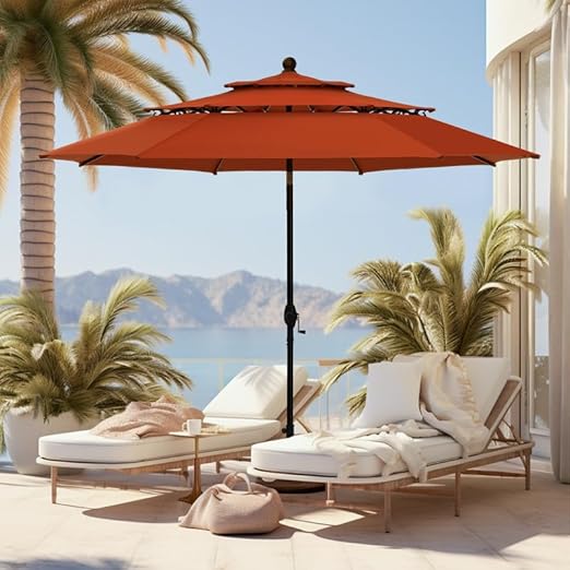 Outdoor Patio Umbrella, Auto-Tilt Market Table Umbrellas with Crank, 8 Sturdy Ribs & 1.5"