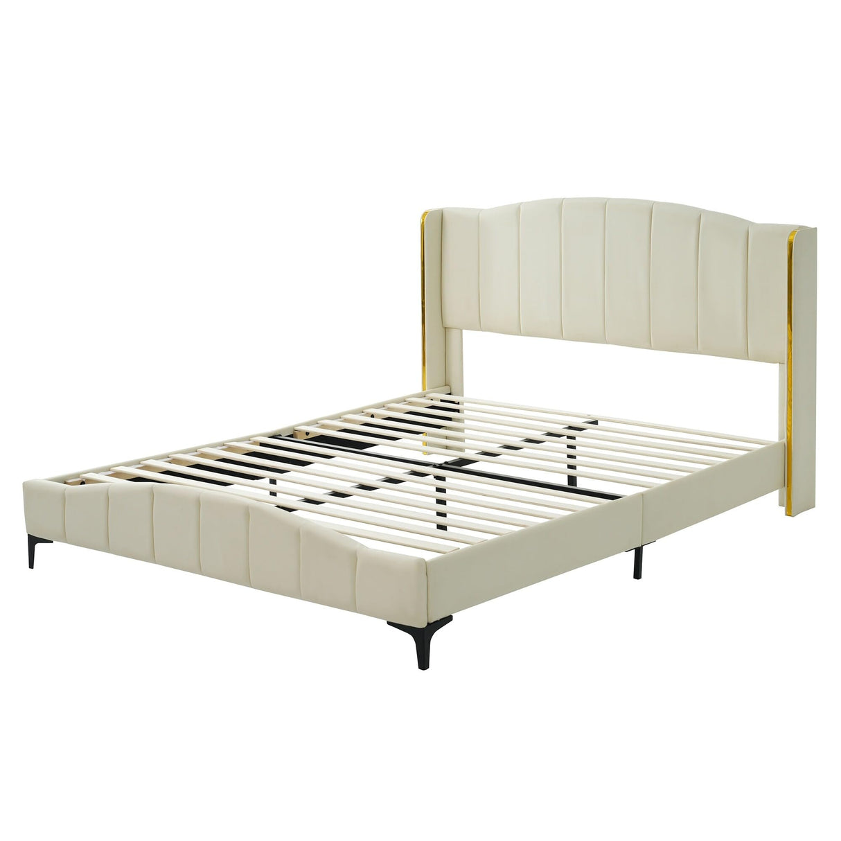 Queen Size PU Leather Upholstered Platform Bed, Headboard with Wingback and Metal Bar Accents, No Box Spring Required Beige