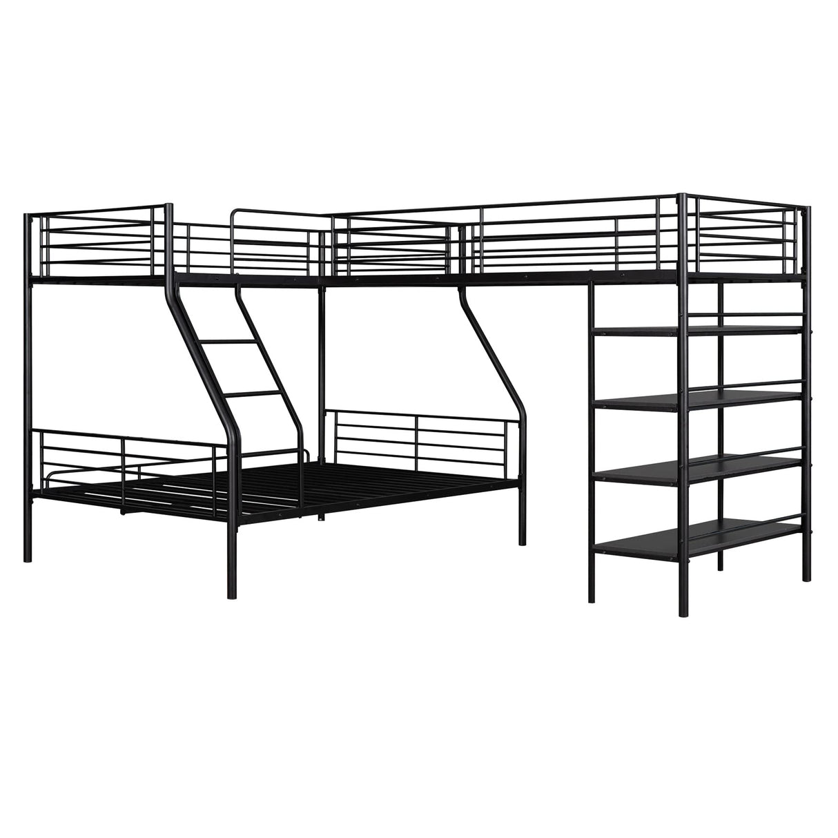 Twin Over Full L-Shape Bunk Bed with Storage Shelves 3 Beds Bunked Metal Frame Black Corner Loft Bed for Three Kids Teens Boys Girls