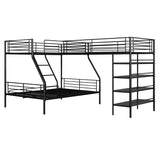 Twin Over Full L-Shape Bunk Bed with Storage Shelves 3 Beds Bunked Metal Frame Black Corner Loft Bed for Three Kids Teens Boys Girls