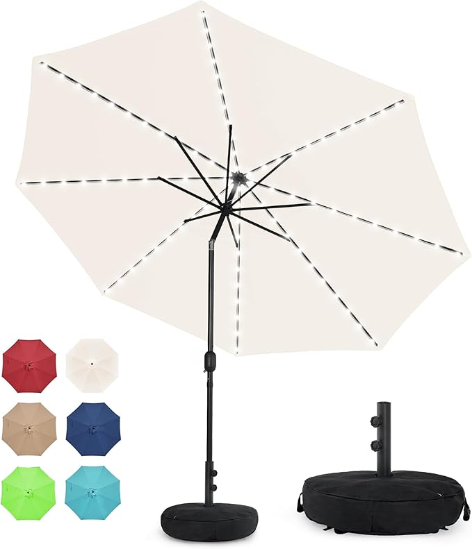 Solar 80 LED 9 ft Patio Umbrella with Sand Bag Umbrella Base