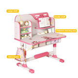 Study Desk Chair Set,Height Adjustable Children's Desk and Chair School Study Table Chair with Astronaut Pattern,Ergonomic Desk Chair with Writing Board, Bookshelf and Drawer Pink