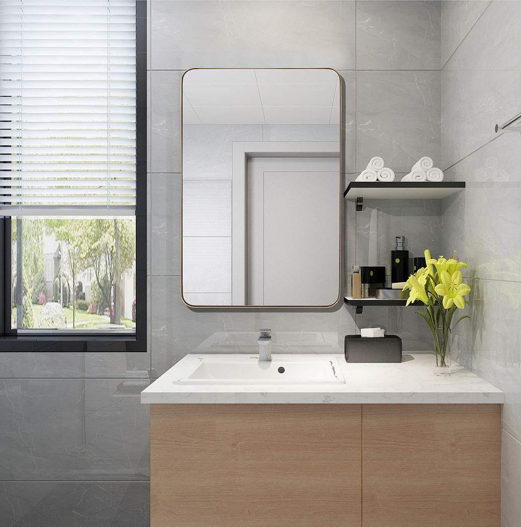 Bathroom Wall Mirror with Metal Frame Gold, 22x30x1’’ Rounded Corner Rectangle