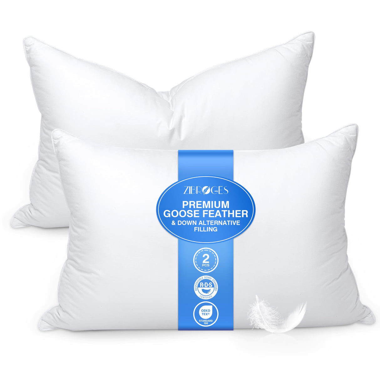 zibroges Goose Feather Pillow Queen Size Pack of 2 - Hotel Down Bed Pillows for Sleeping, Soft 600 Thread Count Cotton Cover, Fluffy Support Surround Fill Polyester for Back, Stomach, Side Sleepers