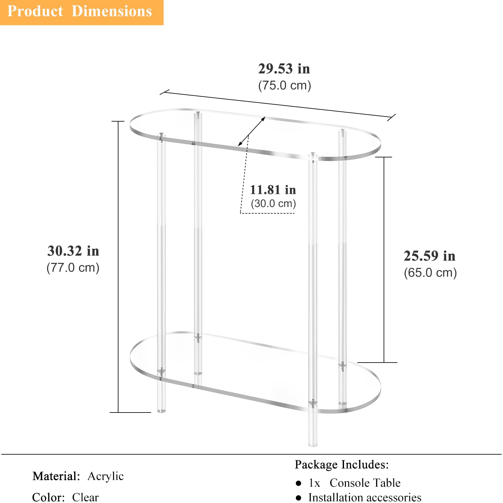 2-Tier Acrylic Console Table - 29.53" Clear Oval Frame Sofa Table