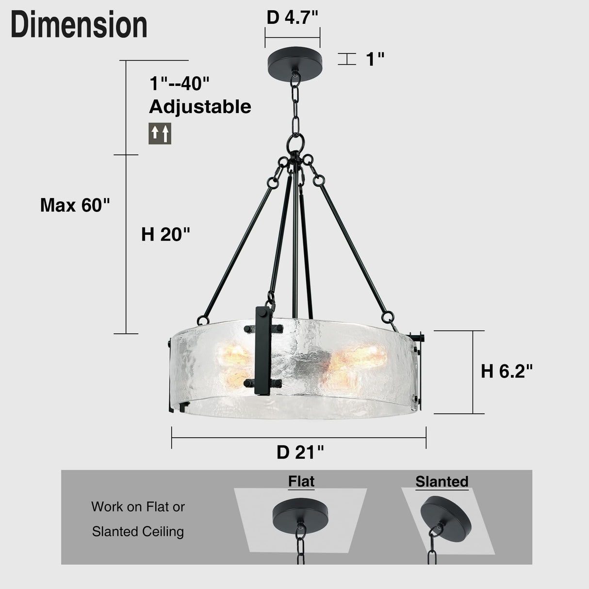 Glass Drum Chandelier for Dining Room, 21" Black Modern Textured Glass Chandeliers Over Table, Round Crystal Hanging Light Fixture for Living Room, Bathroom,Foyer, Kitchen Island, Bedroom