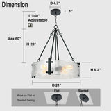 Glass Drum Chandelier for Dining Room, 21" Black Modern Textured Glass Chandeliers Over Table, Round Crystal Hanging Light Fixture for Living Room, Bathroom,Foyer, Kitchen Island, Bedroom