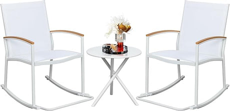 Shintenchi 3 Pieces Rocking Bistro Set Wicker Patio Outdoor Furniture, 2 Rattan Porch Chairs Conversation Sets with Glass Coffee Table (Beige)