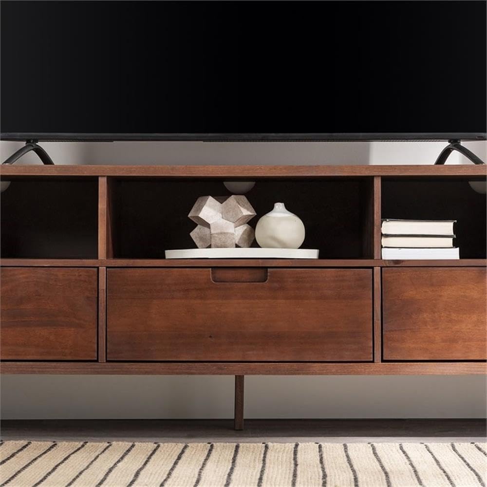 Walker Edison Millie Mid Century Modern 3 Drawer Solid Wood Low Stand for TVs up to 80 Inches, 70 Inch, Walnut