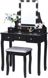 Vanity Set with Mirror & Cushioned Stool Dressing Table Vanity Makeup Table 5 Drawers 2e Organizers White FST01W