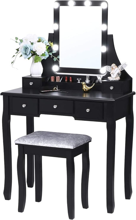 Vanity Set with Mirror & Cushioned Stool Dressing Table Vanity Makeup Table 5 Drawers 2e Organizers White FST01W