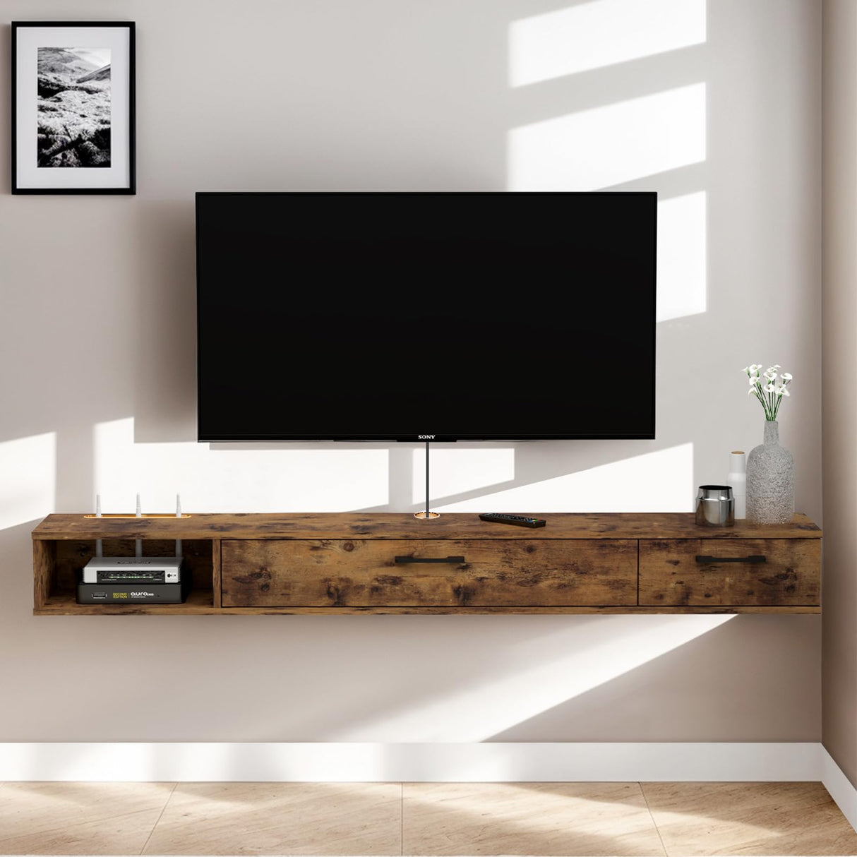 Farmhouse Floating TV Stand with 2 Doors,47'' Under TV Shelf Floating