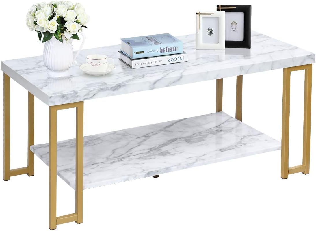 Rectangular Coffee Table, 2-Tier Center Table W/Faux Marble Tabletop