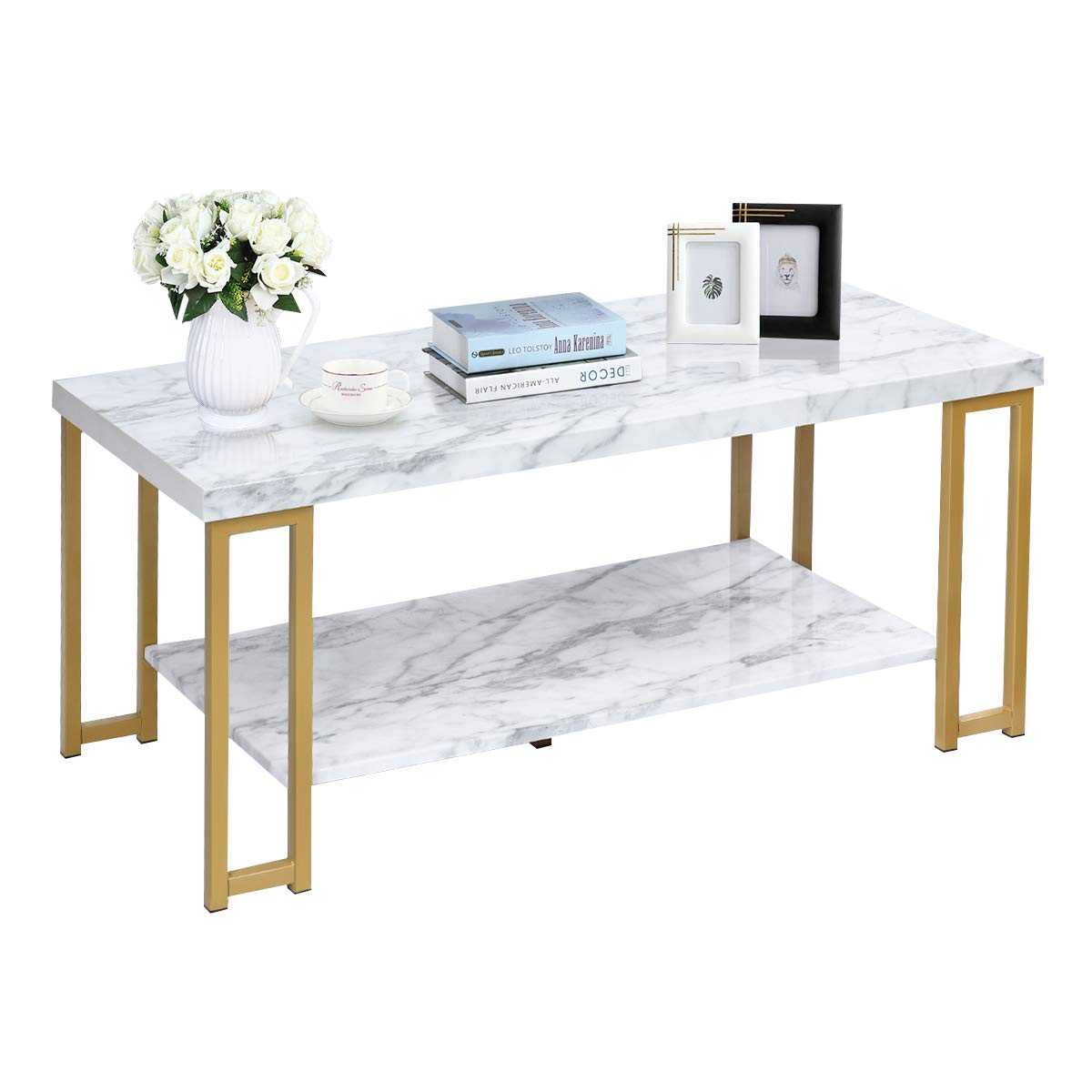 Rectangular Coffee Table, 2-Tier Center Table W/Faux Marble Tabletop