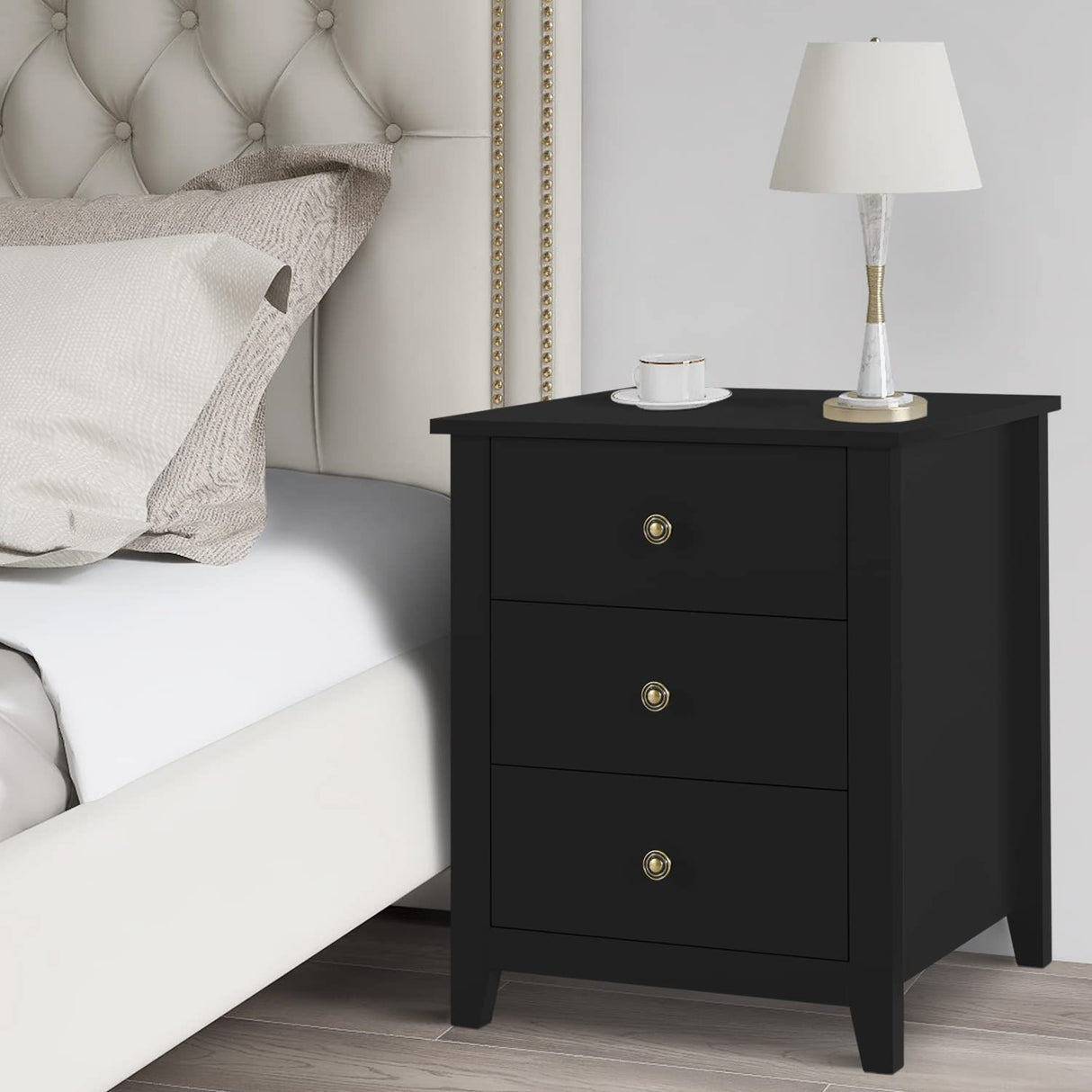 Black Nightstands with Drawer - Set of 2 Modern Bedroom Night Stands, Tall Wood Bedside Tables