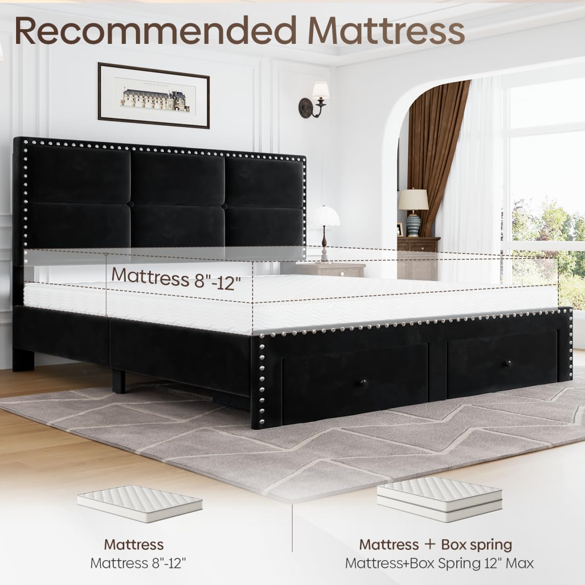 Queen Bed Frame with Storage Drawers and Charging Station