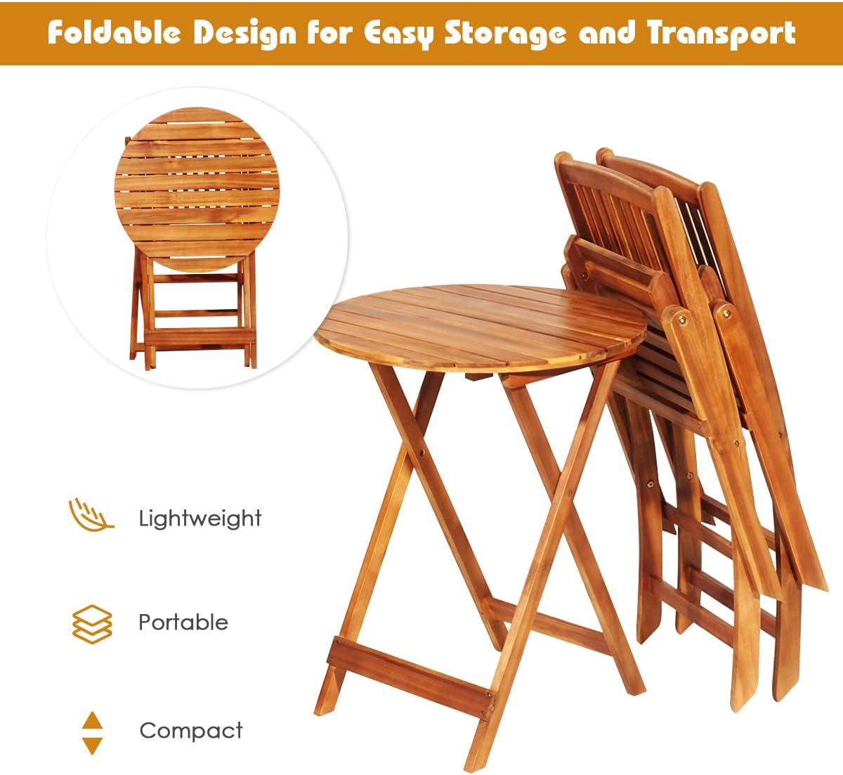 3Pcs Patio Bistro Set, Wood Folding Table Set