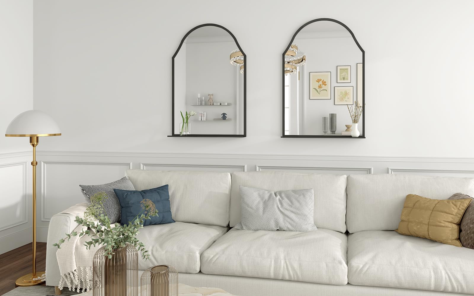 30x20 Black Arch Mirror with Shelf - Matte Metal Frame Wall Mirror