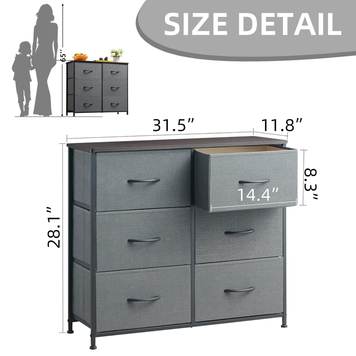 Dresser for Bedroom with 6 Drawers, 3-Tier Wide Storage Chest of Drawers with Removable