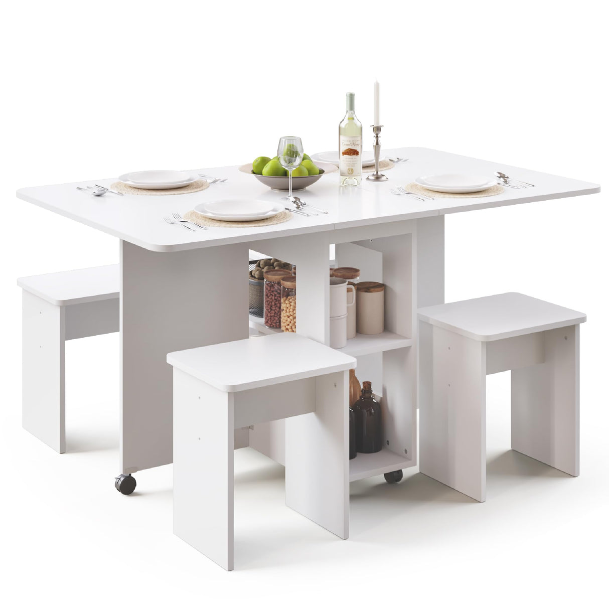 5-Piece Folding Dining Set with Storage & Wheels