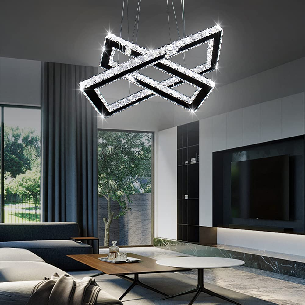 Modern Chandelier, Rectangular 2 Rings Crystal Pendant Chandeliers LED Pendant Ceiling