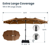 15ft Large Patio Umbrella with Solar Lights, Double-Sided Outdoor Market Rectangle Umbrellas with 36 LED Lights,