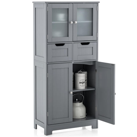 Bathroom Storage Cabinet, Freestanding Bathroom Organizer with Glass Doors, 2 Drawers