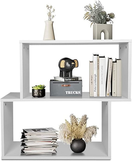 3-Tier Geometric Bookshelf White, 28’’ Tall Wood S-Shaped Display Shelves