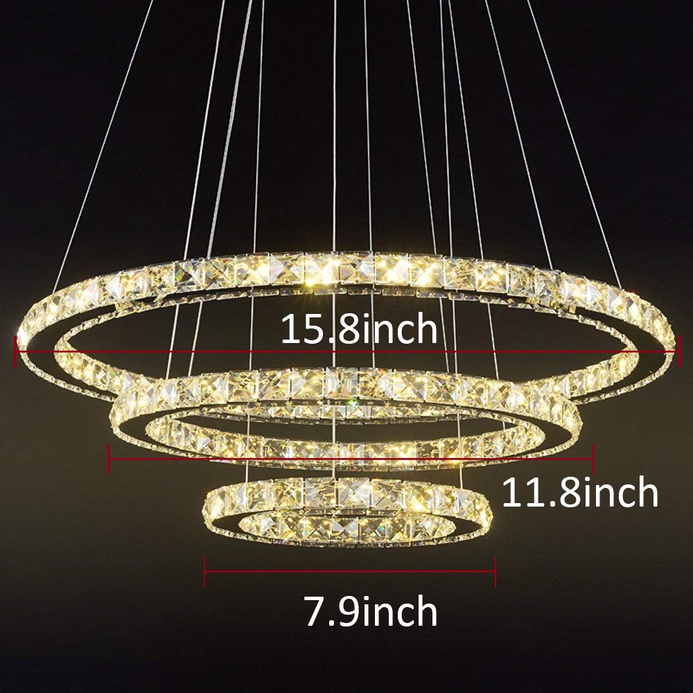 Aiwen Crystal Chandelier Modern 3 Rings LED Pendant-Light Dining Room Flush Mount Ceiling Lighting-Yellow Light Source(7.9 + 11.8 + 15.8 in)