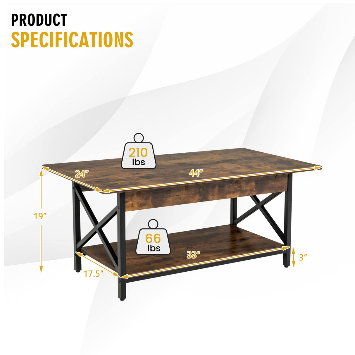 Industrial Coffee Table, 2-Tier Wood Cocktail Tea Table with Storage Shelf