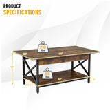 Industrial Coffee Table, 2-Tier Wood Cocktail Tea Table with Storage Shelf