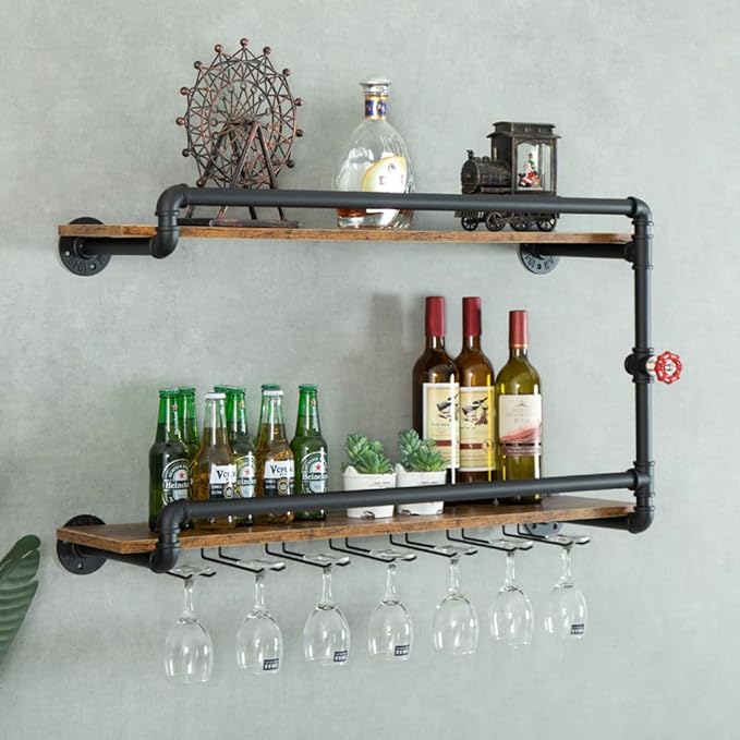 Wine Rack Wall Mounted 2 Tier, Hanging Floating Small Mini Bar Liquor Shelves