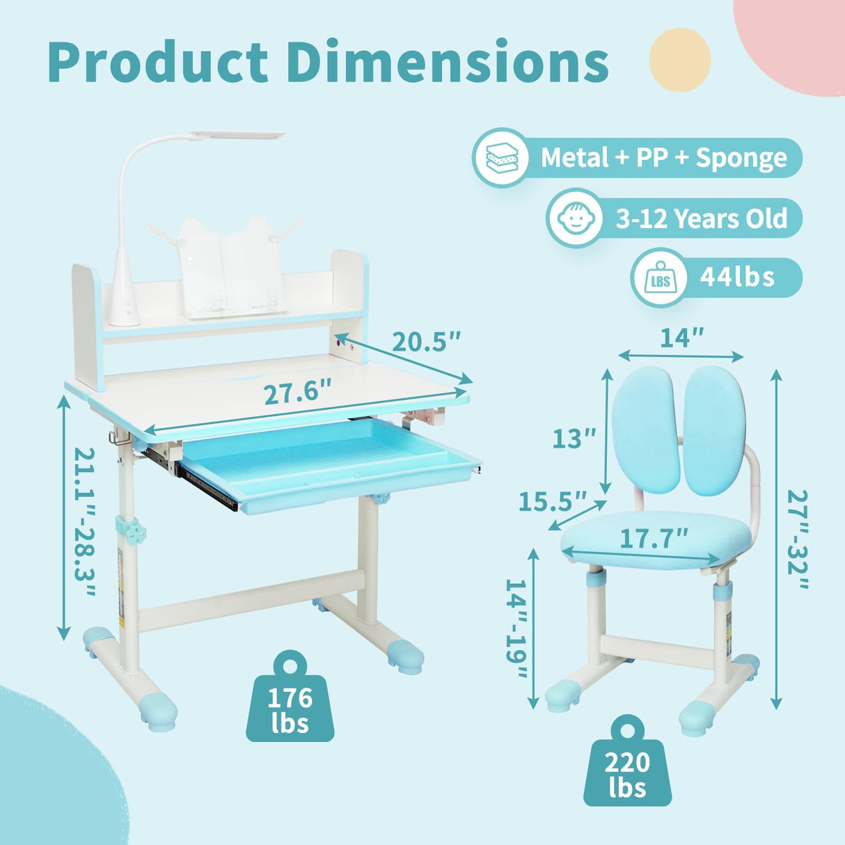 Kids Desk and Chair Set, Height-Adjustable Desk for Kids, Kid Desk with Led Lamps