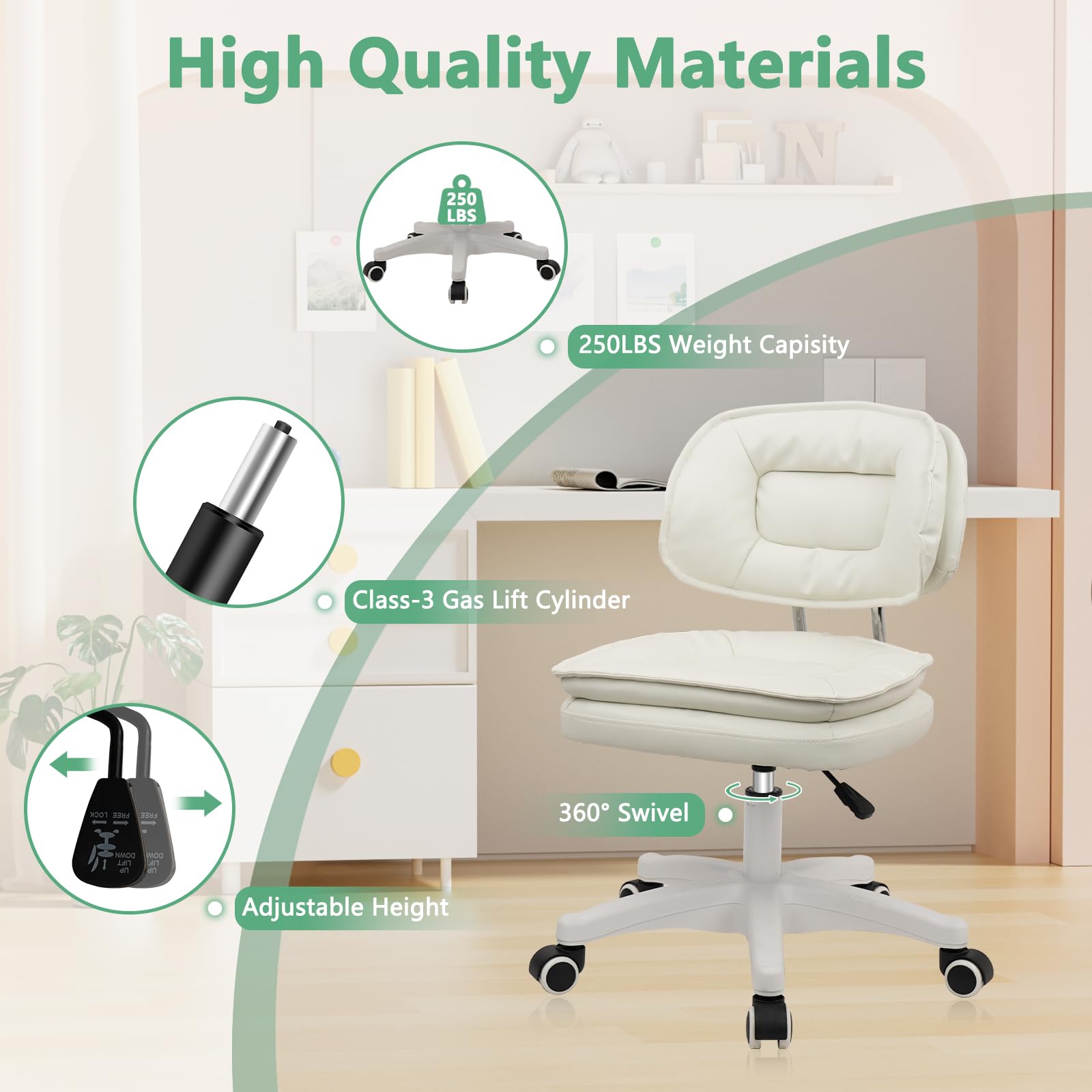 Small Rolling Stool with Backrest - Adjustable Height Vanity Chair