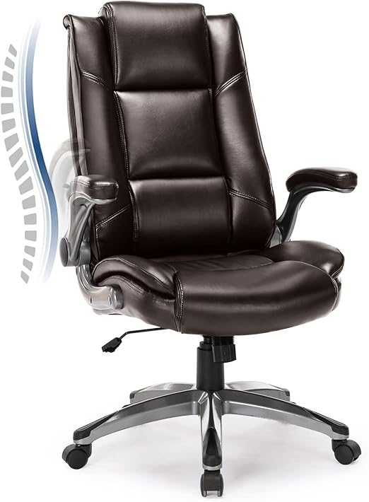 Leather Executive Office Chair - High Back Ergonomic Desk Chair with Flip-Up Arms