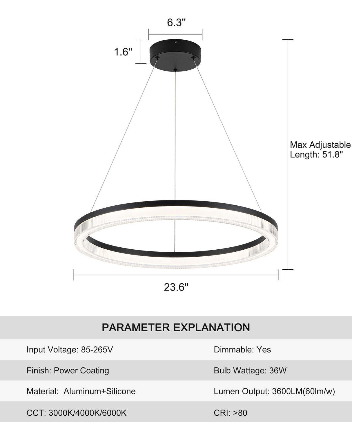 Modern Black Led Pendant Light,36W Dimmable LED Chandelier Lighting Fixture, 1 Ring