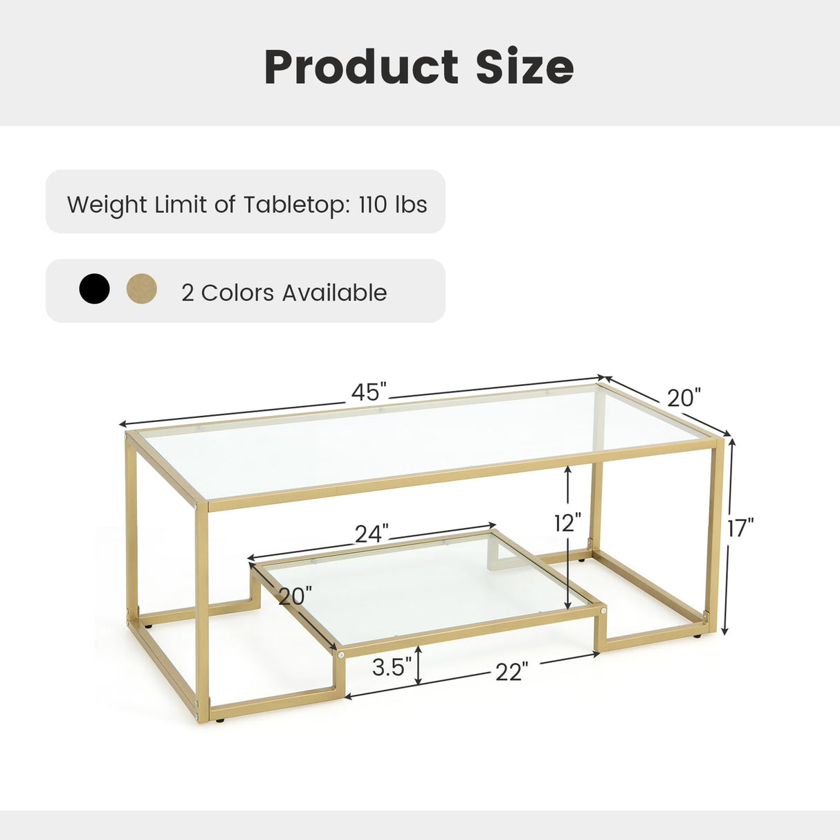 Glass Coffee Table, 45 Inch Gold Rectangular Modern Center Table