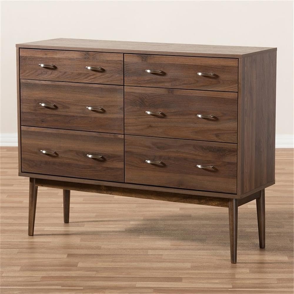 Mid-Century Modern Walnut Brown Finished 6-Drawer Dresser