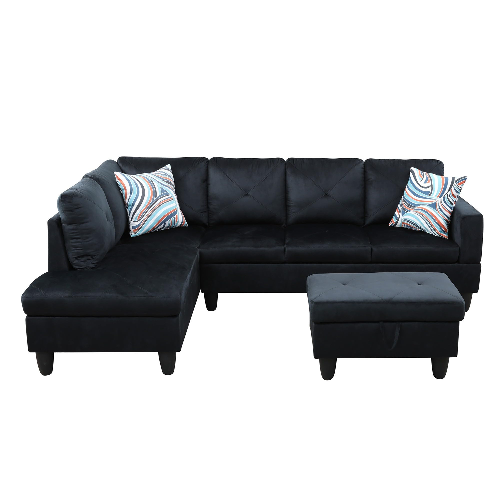 3Pc L-Shaped Sectional Sofa with Left Chaise Lounge Storage Ottoman Throw Pillows