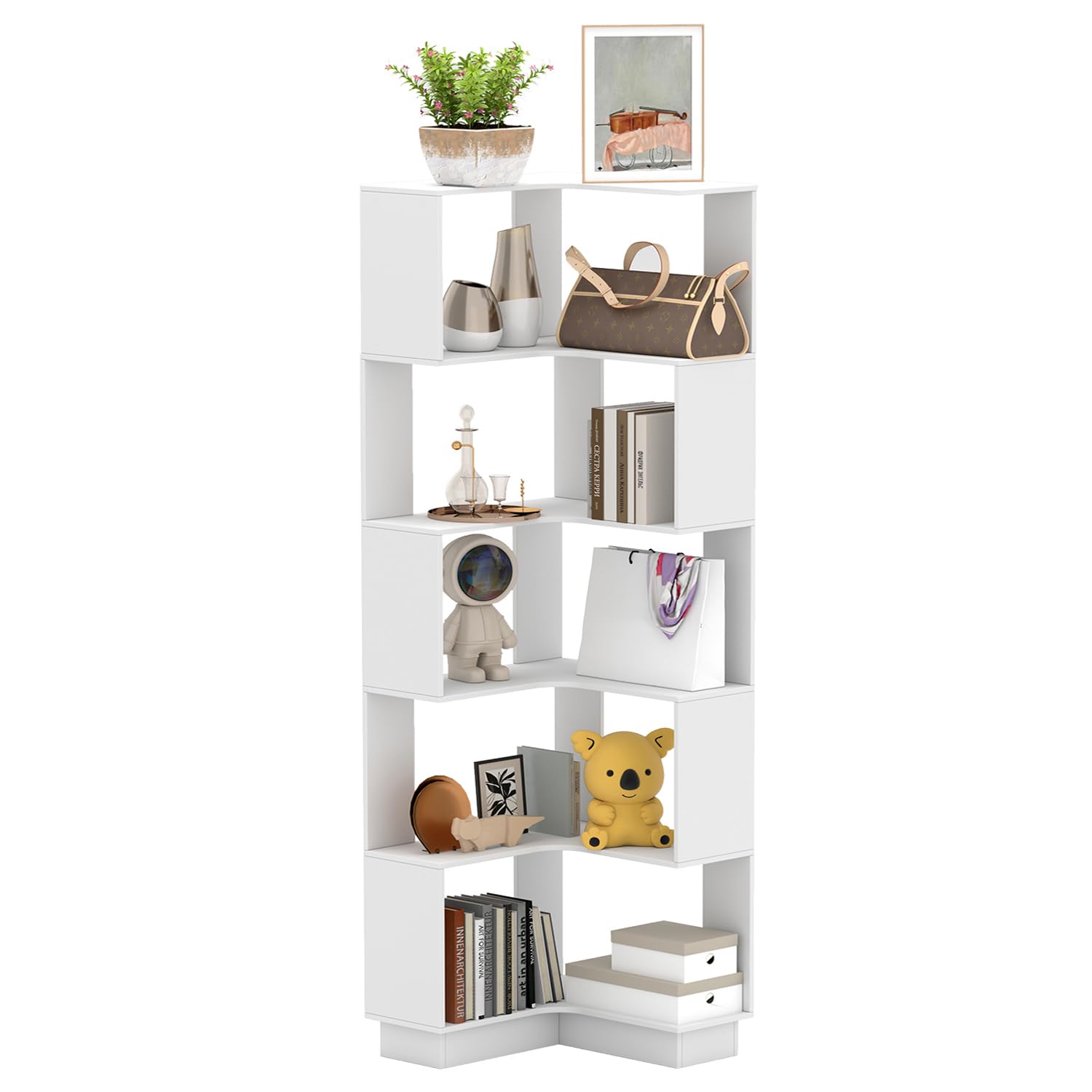 Corner Bookshelf, 5 Tiers Wooden Corner Bookcase 68.9" Tall L-Shaped Bookshelf