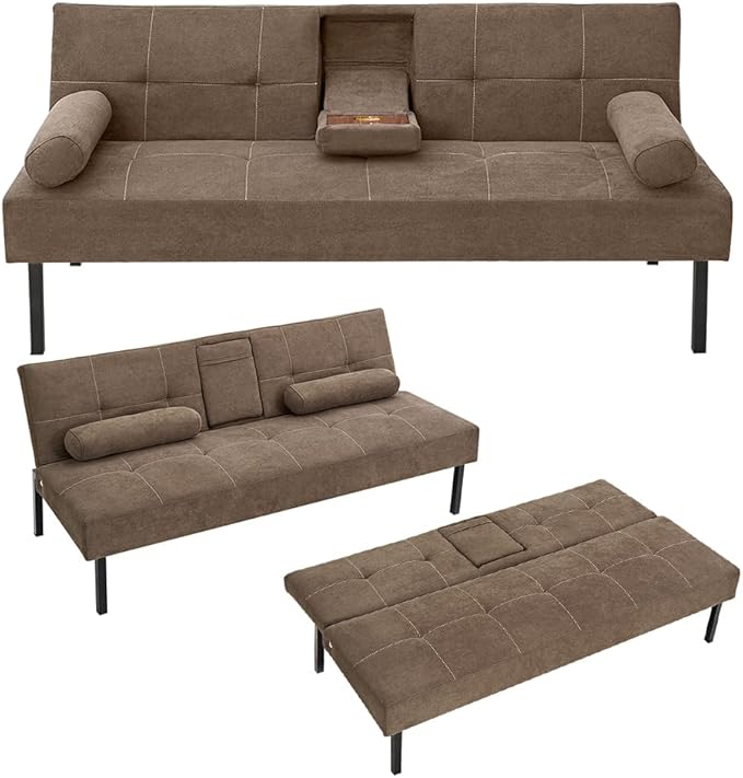 Futon Sofa Bed, Convertible Sofa with Cup Holder Couch Sleeper Linen Upholstered